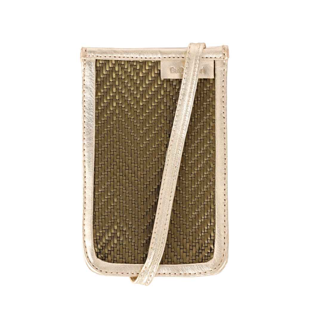 Moss Green Leather Trimmed Mobile Phone Cane Crossbody Bag For Women | BuDhaGirl