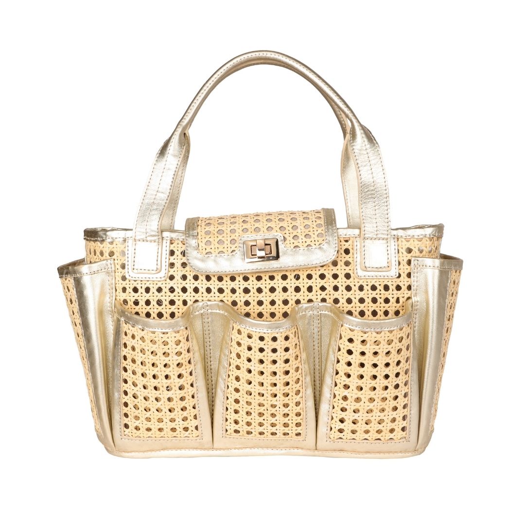 Natural Cane and Wicker Tote Bag For Women | Gold Leather Trim | BuDhaGirl